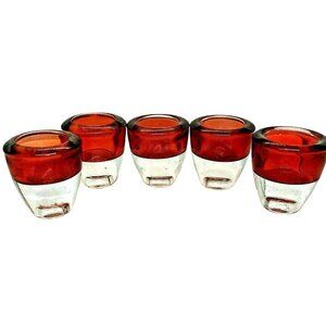 Five VTG MCM Red & Clear Glass Taper Candle Holders or Shot Glasses